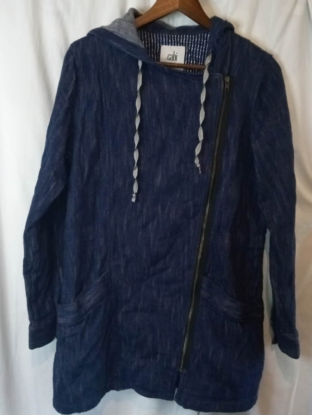 CAbi Love, Carol Collection Denim Lagenlook Hooded Zip Jacket Pockets Coat Blue